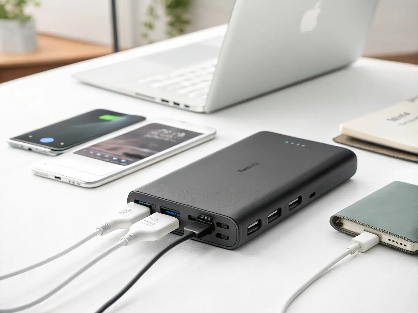 A modern, stylish MONSTER CHARGE charging station installed in a busy cafe, with customers using it to charge their phones.