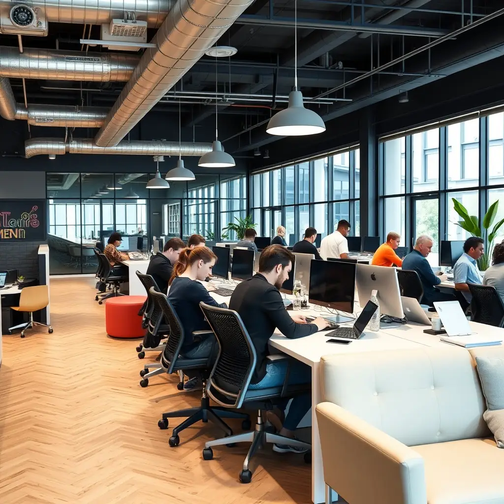 A modern coworking space with professionals collaborating and working on laptops.