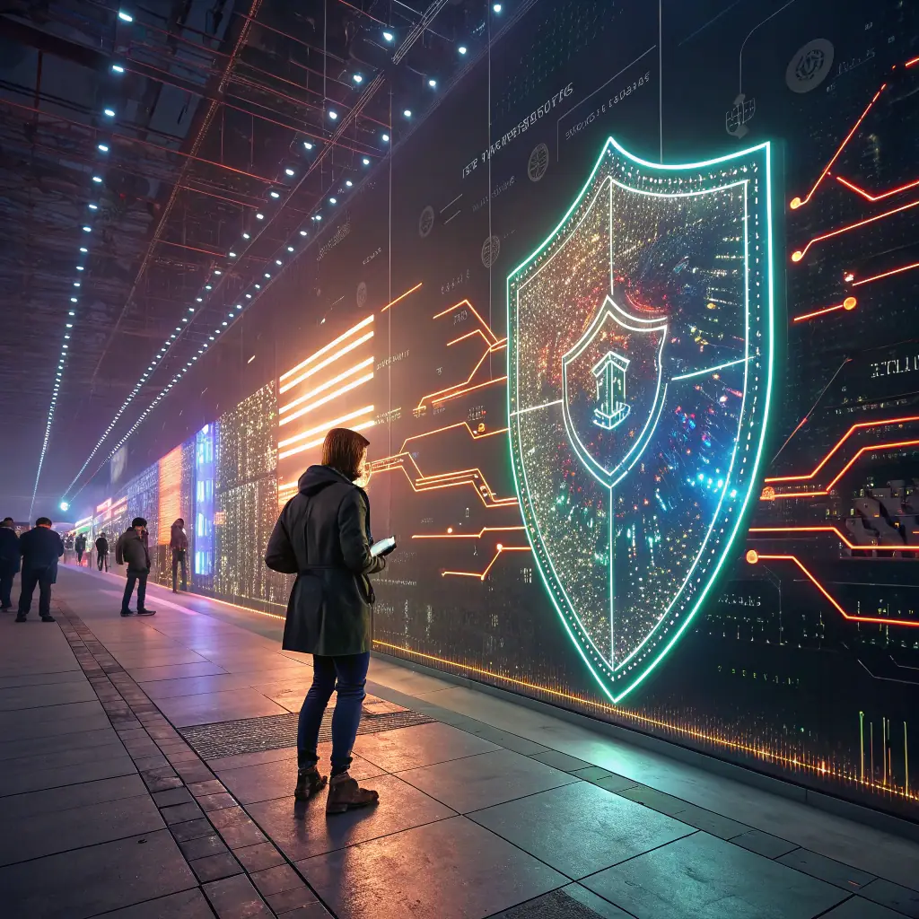 A digital illustration depicting a shield icon overlaid on a complex network of interconnected nodes, symbolizing intellectual property protection and risk assessment in the context of patent infringement search services.