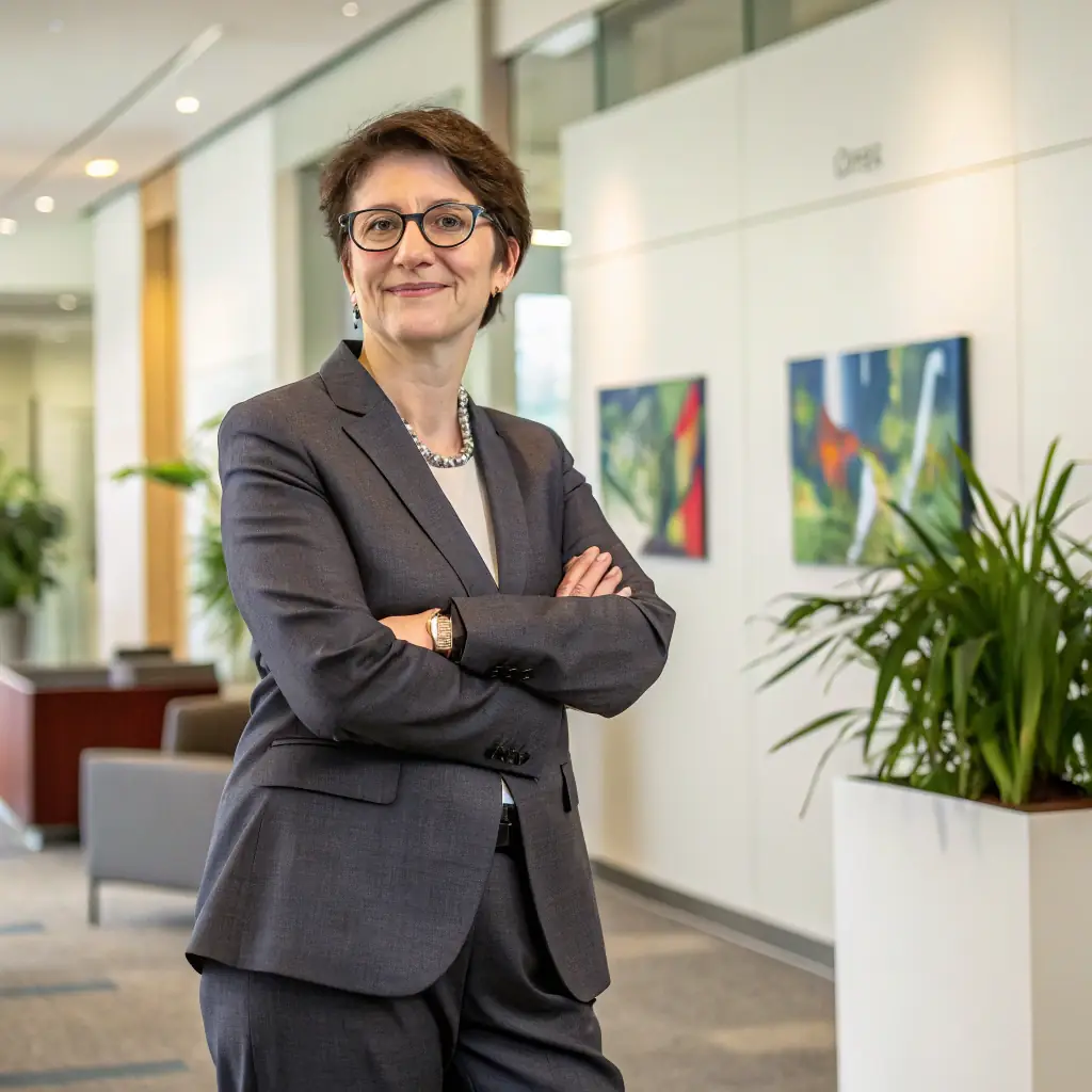 A professional woman with short brown hair and glasses, wearing a business suit.