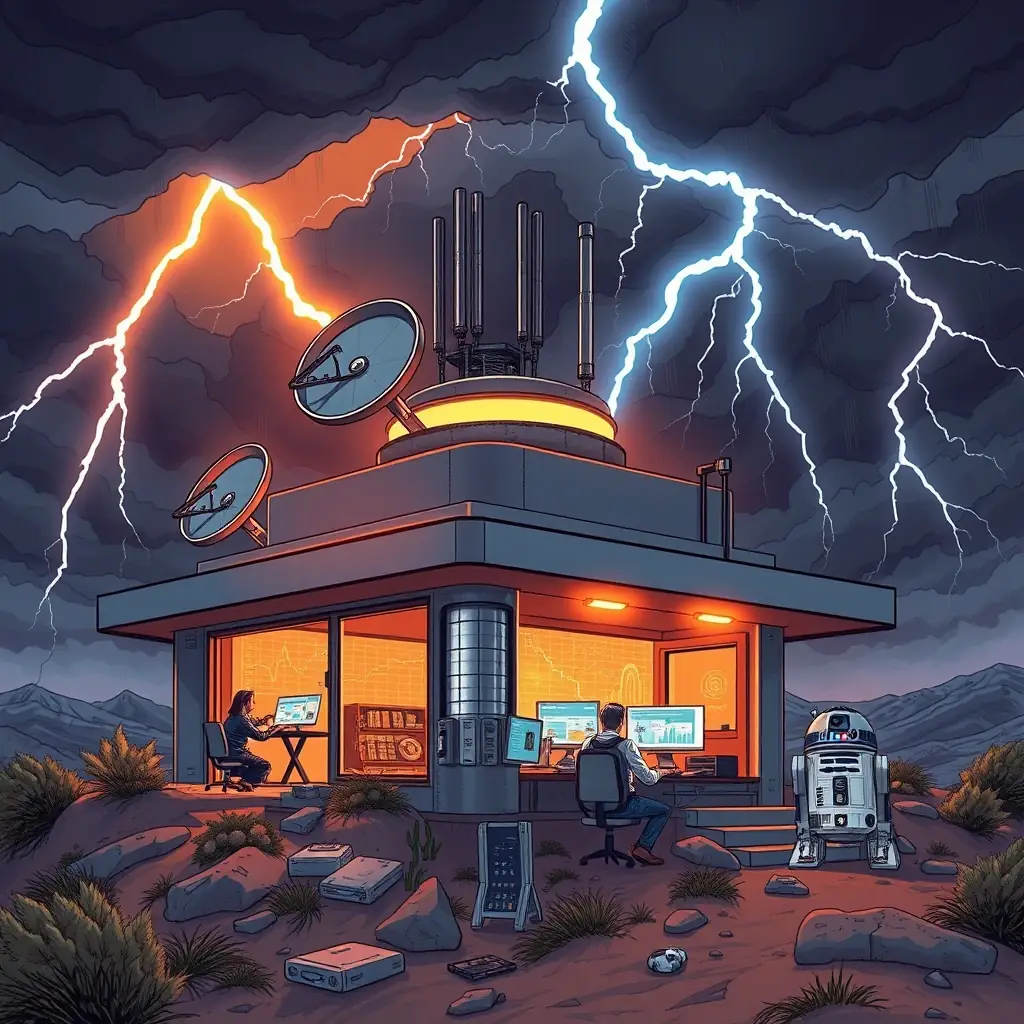 A futuristic bunker on a hilltop at Knights Bluff, Texas, with R2-D2 and social media marketing gurus inside, satellite dishes, and internet connections, symbolizing OmegaQube's advanced social media marketing capabilities. Lightning in the background to emphasize the fast-paced nature of SMM.