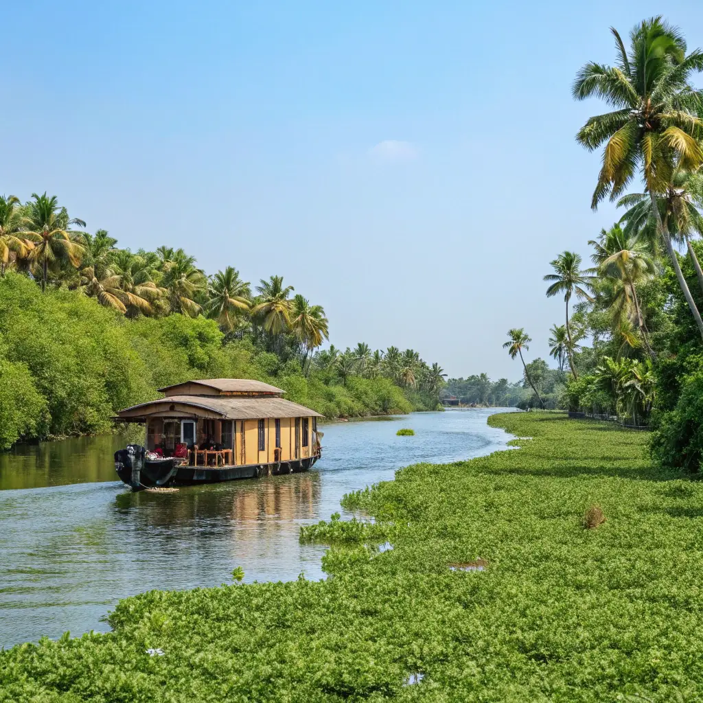 A serene Kerala houseboat cruising through the backwaters during the months of October to March, with clear skies and lush greenery.