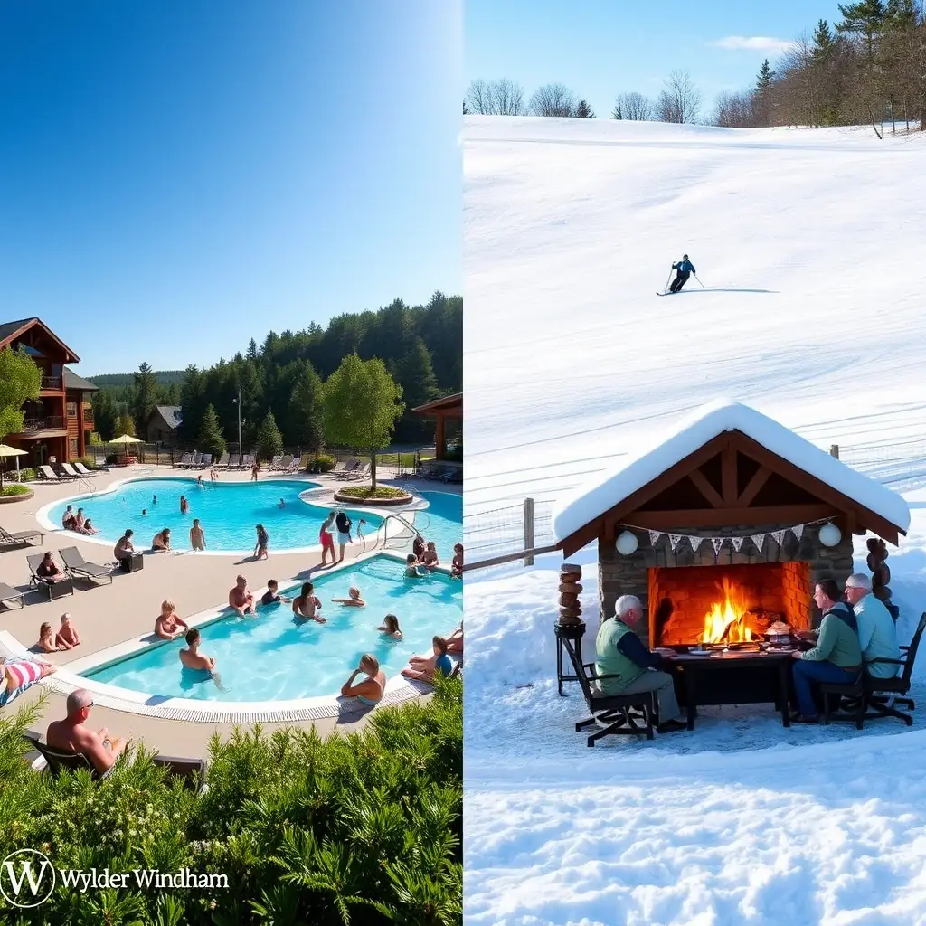 A split image showcasing Wylder Windham in both summer and winter. The summer side features guests enjoying the pool and outdoor activities, while the winter side shows a snowy landscape with skiers and cozy fireside scenes. The image should convey the all-season appeal of the resort.
