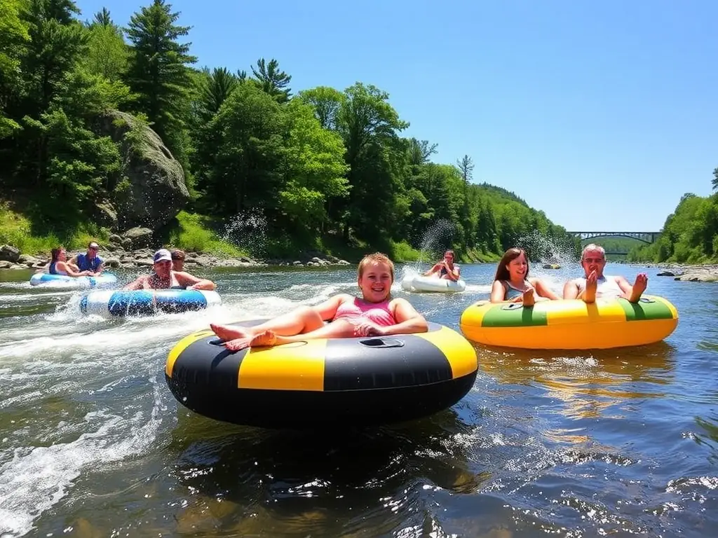 A family enjoys tubing on the Batavia Kill River during the summer at Wylder Windham.