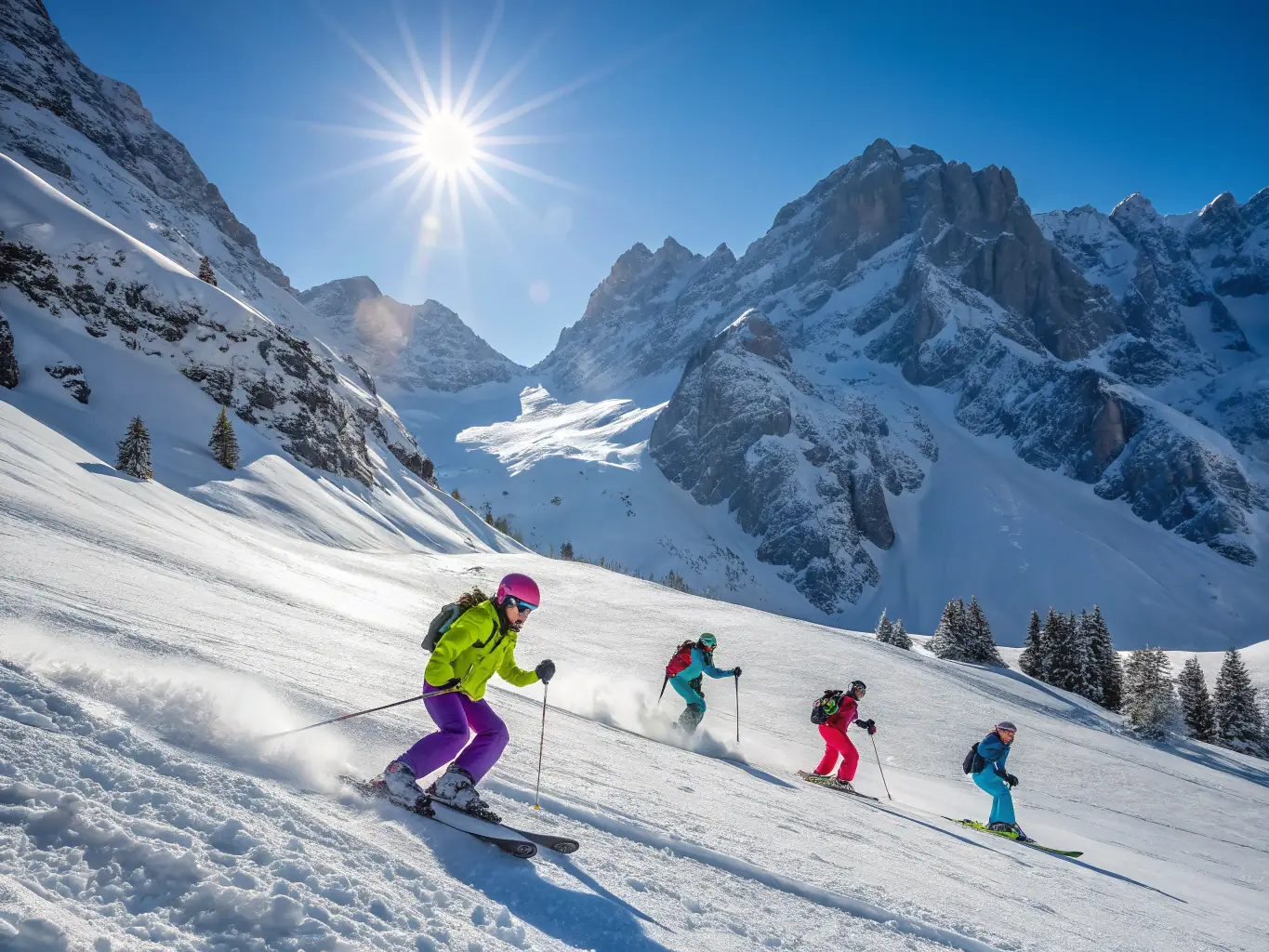 A group of friends skis down Windham Mountain during the winter at Wylder Windham.