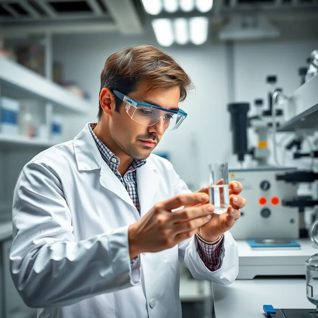 A scientist in a lab coat analyzing a chemical sample with sophisticated equipment, representing Labsure's advanced testing capabilities.