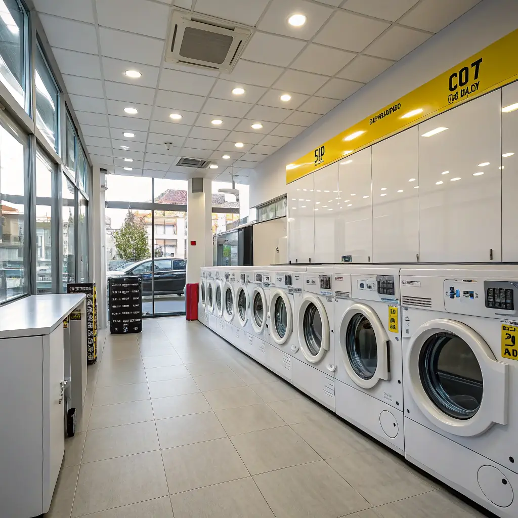 A brightly lit, modern laundromat interior with clean, folding tables and efficient washing machines. Focus on the cleanliness and inviting atmosphere.