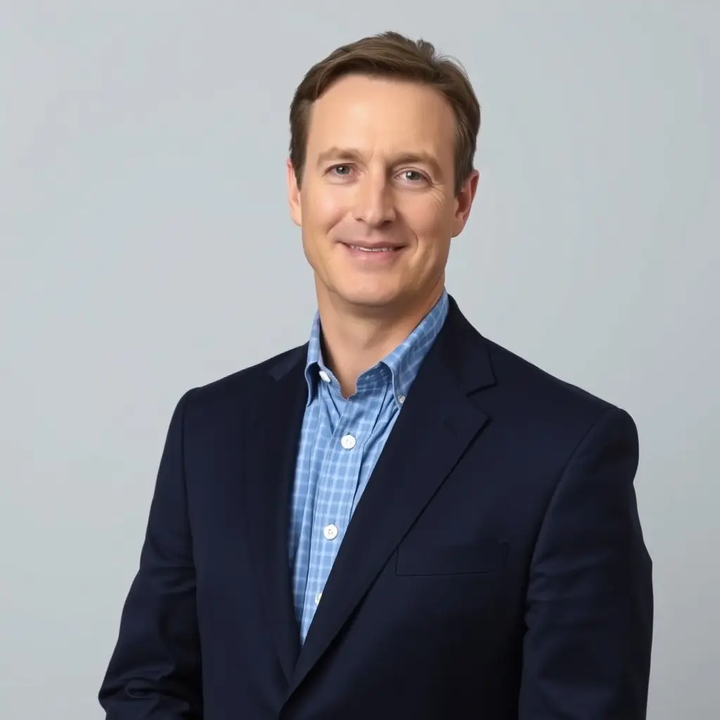 John is a man with short brown hair and blue eyes. He is wearing a suit and tie.