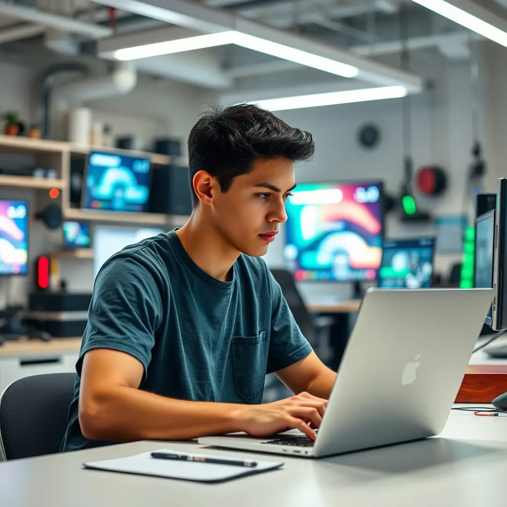 George has a casual look, wears a t-shirt, and is always coding.