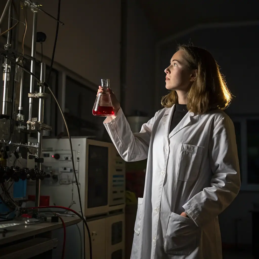 Fiona has a serious expression, wears a lab coat, and is always vigilant.