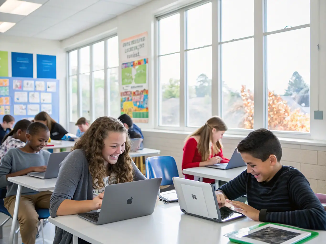 A vibrant classroom scene with teachers and students using tablets and interactive whiteboards, showcasing seamless technology integration and collaborative learning.