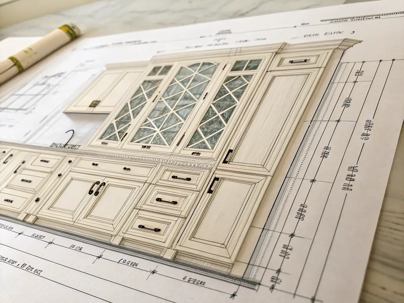 detailed interior cabinetry design, CAD drawings, CNC-ready millwork, high-resolution technical sketches, modern kitchen and bathroom cabinetry, custom woodwork projects