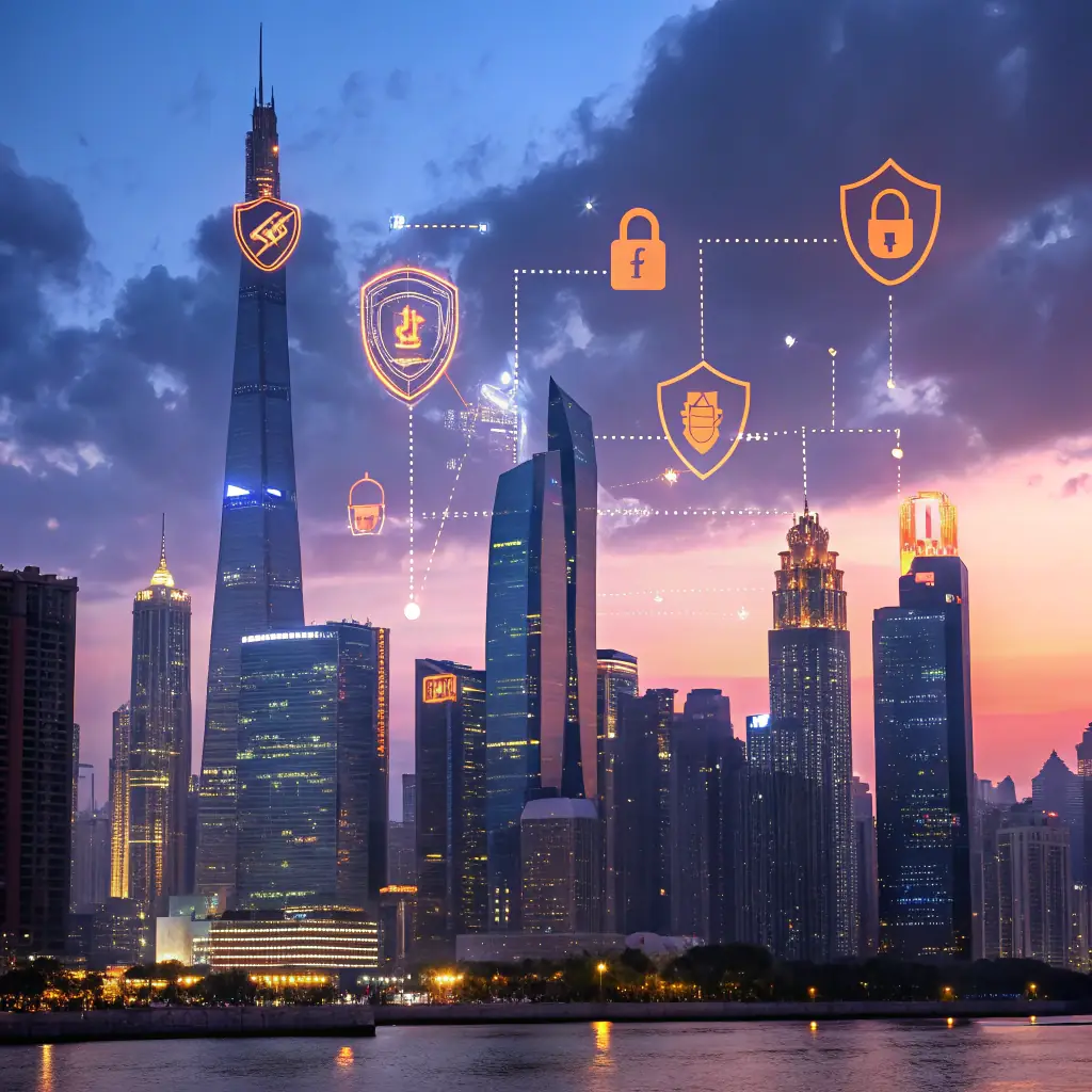 A futuristic cityscape of Austin, Texas, with the Omegacube logo subtly integrated into the skyline. In the foreground, a stylized representation of the Omegacube AI system stands guard, symbolizing the agency's commitment to protecting and enhancing digital landscapes.