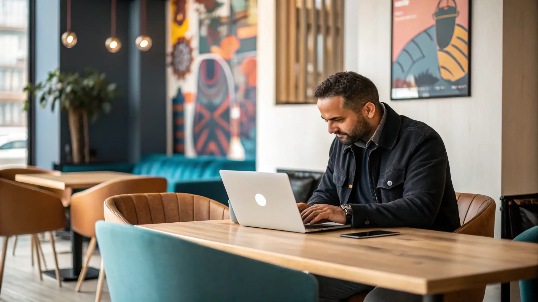 A warm illustration of a friendly entrepreneur working on a laptop, surrounded by legal documents and a cup of coffee, symbolizing the ease and accessibility of using Contractly.ai for contract creation.