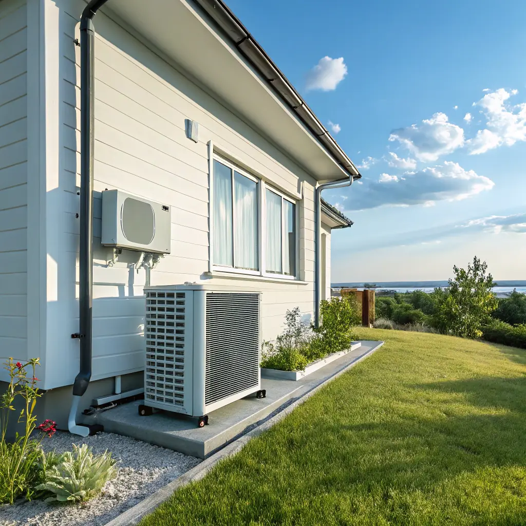A modern house with a newly installed air source heat pump on the exterior wall. The image should convey energy efficiency and comfort, with a focus on the sleek design of the heat pump unit. The setting is a typical Swedish villa during a sunny summer day.
