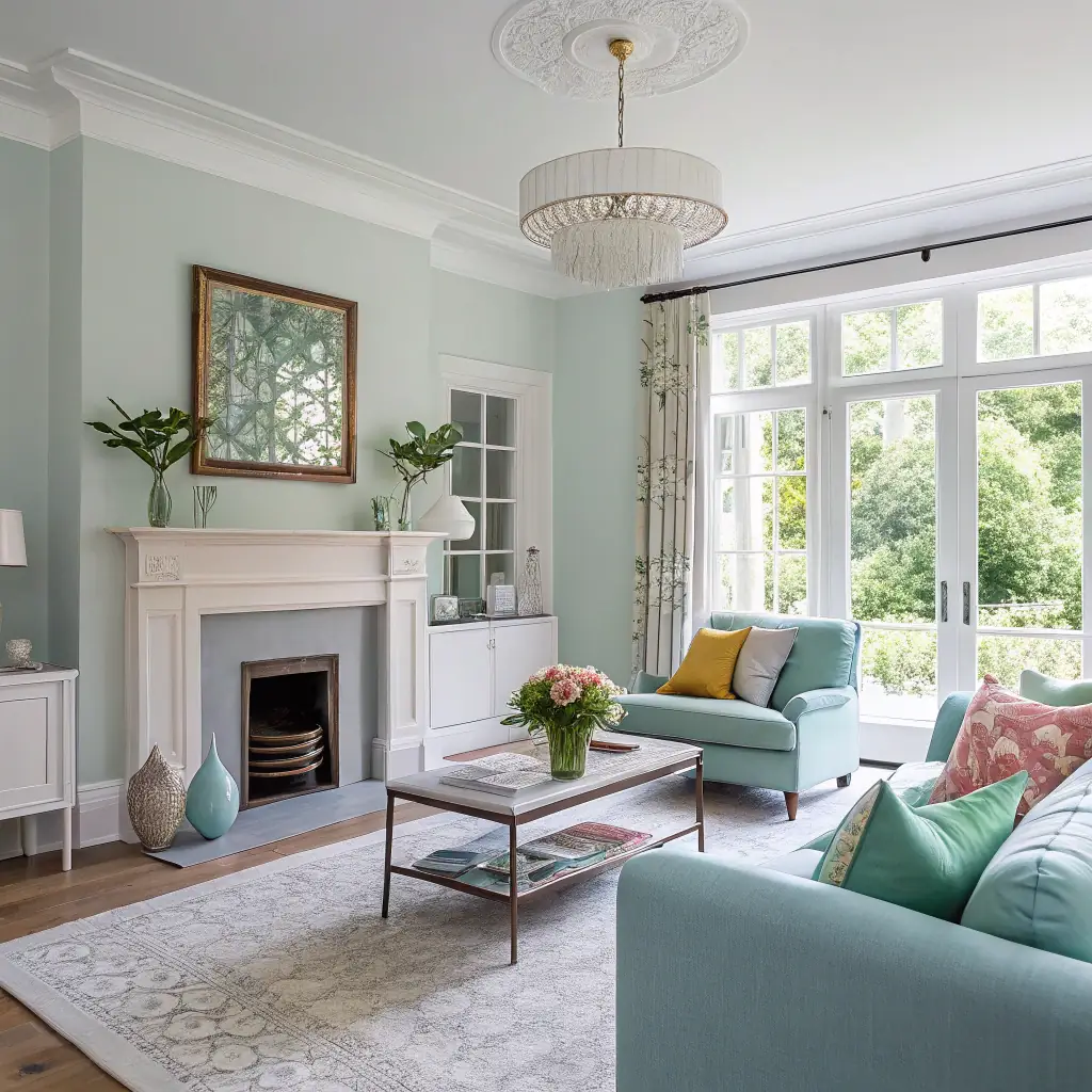A bright, modern living room with freshly painted walls in a neutral tone and newly installed hardwood flooring. Large windows provide ample natural light, highlighting the quality of the craftsmanship. The room is tastefully decorated with minimalist furniture and elegant curtains.