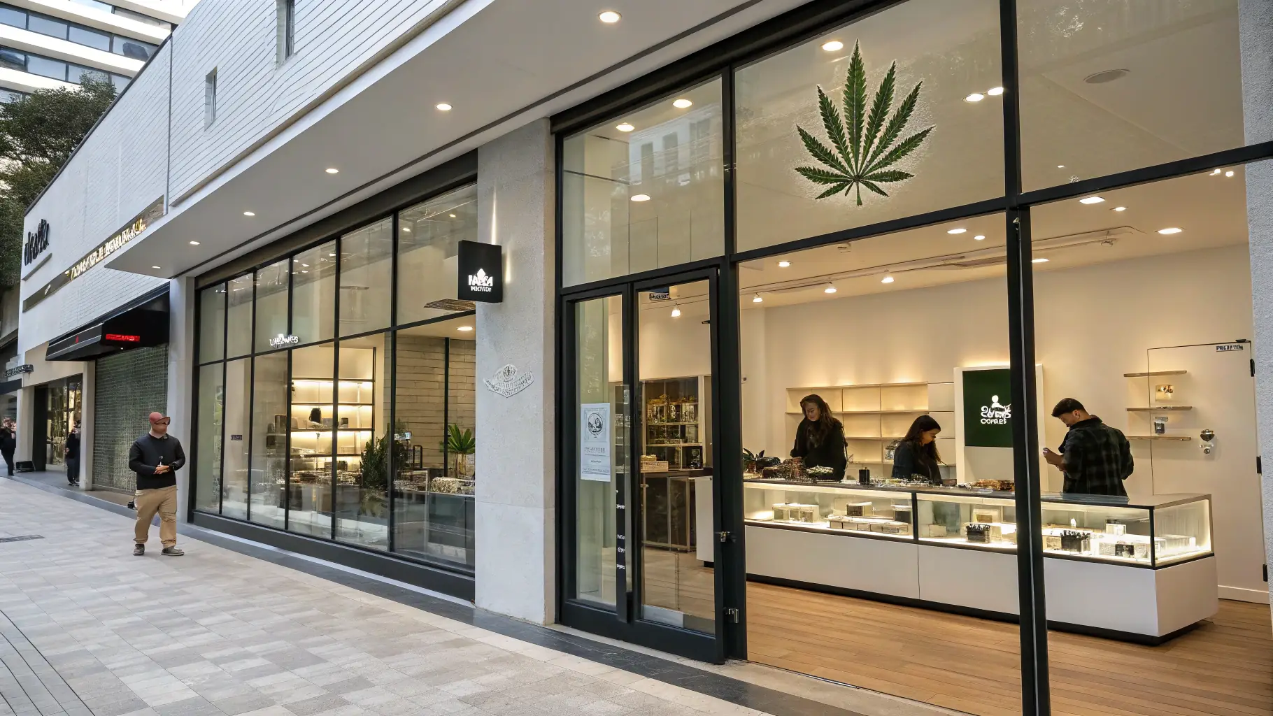 A modern, upscale medical cannabis dispensary with a green logo and a welcoming entrance.