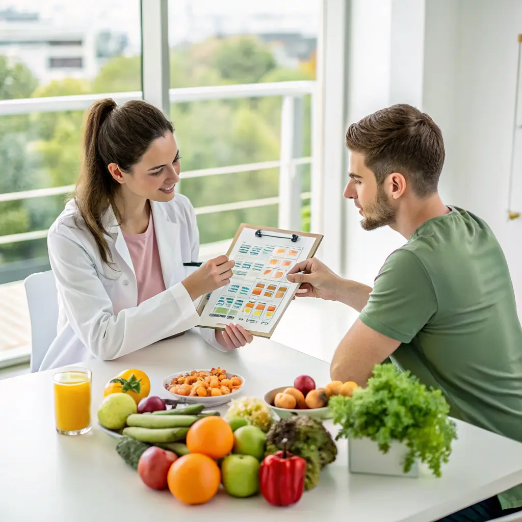 A nutritionist counseling a client on mindful eating habits, focusing on portion control and healthy food choices. The setting is a bright, modern office, conveying a sense of trust and professionalism.