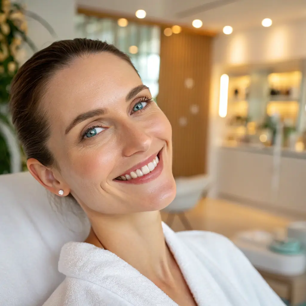 A close-up shot of a woman's face with glowing, rejuvenated skin, bathed in warm, soft lighting, in a luxurious medspa setting. The focus is on the skin's texture and radiance after RF treatment.