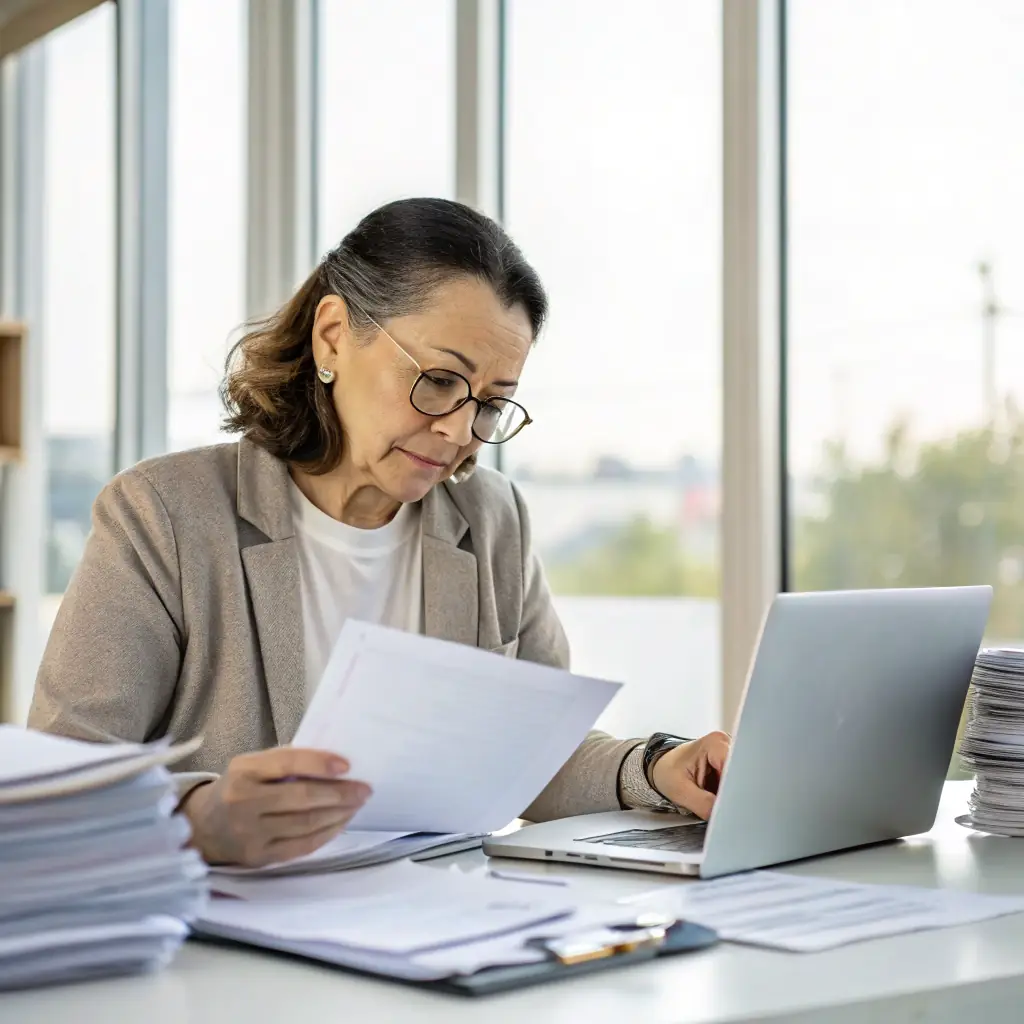 A professional accountant reviewing financial documents in a modern office setting, representing EMUTAX's commitment to accuracy and expertise.