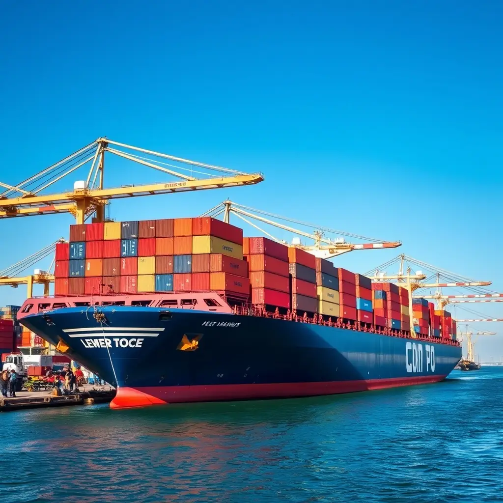 A high-resolution image of a cargo ship navigating through a busy port, symbolizing global logistics and trade.