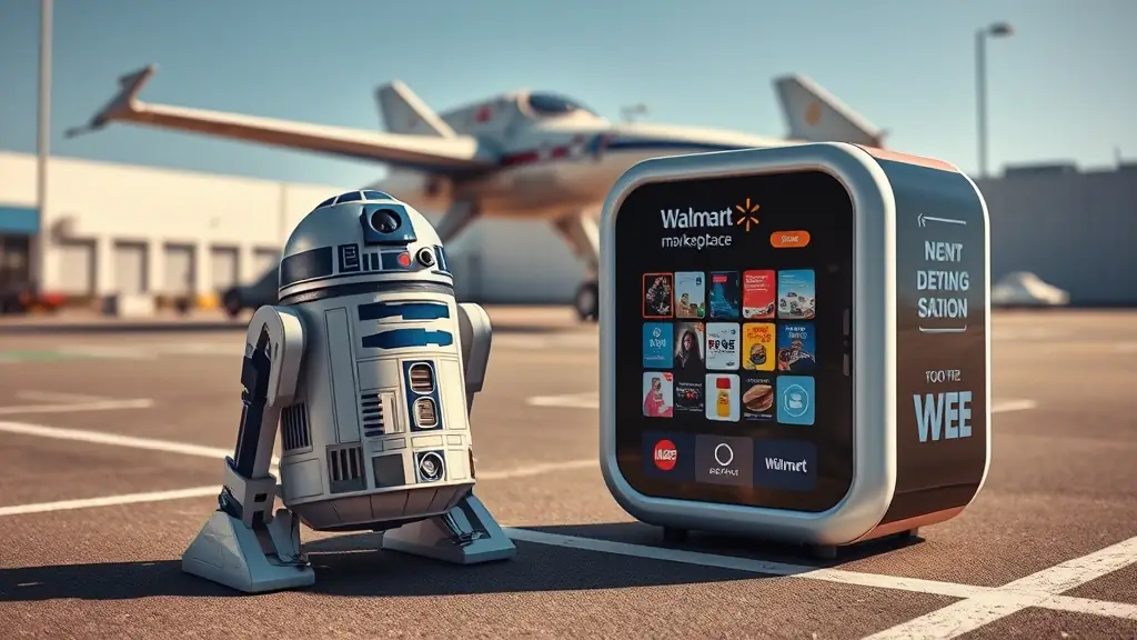 A dynamic scene showing R2-D2 and Omegacube with the X-wing fighter in the Walmart parking lot, or devices displaying Walmart marketplace products, emphasizing innovative e-commerce engagement.