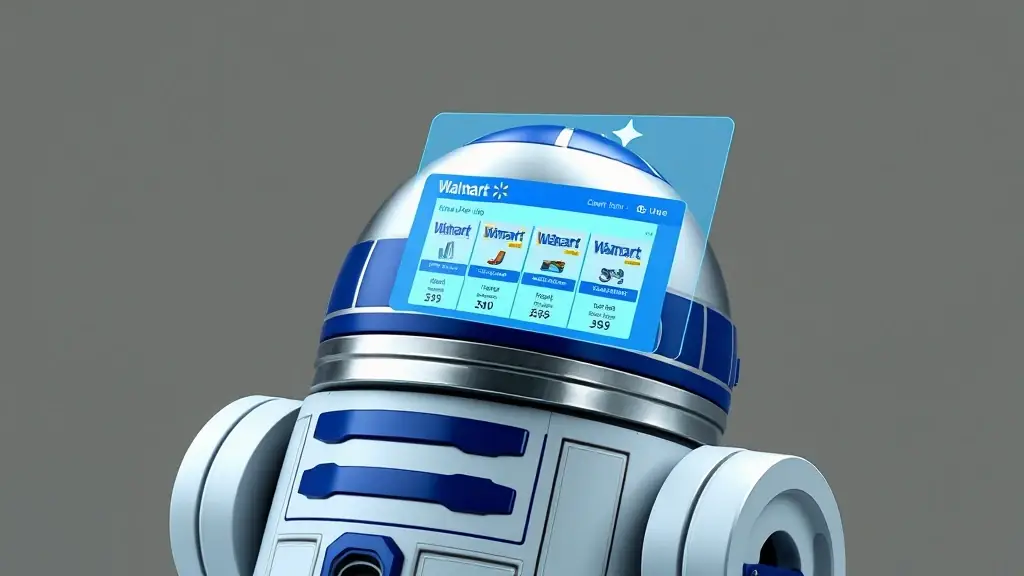 An image depicting Walmart products on devices and campaign scenes with R2-D2 and Omegacube in a parking lot setting, highlighting innovative e-commerce marketing.