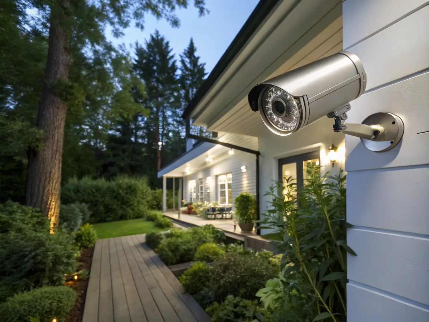 A high-definition security camera overlooking a residential street at night, with a subtle overlay indicating 24/7 monitoring. The scene should convey a sense of safety and vigilance.