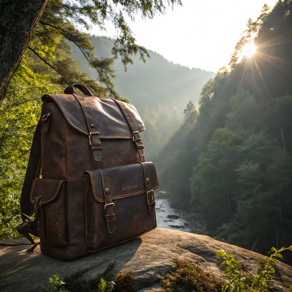 A close-up shot of a person's hands carefully examining the stitching and material of a high-quality hiking backpack in a well-lit outdoor setting. The focus is on the attention to detail and quality assessment.