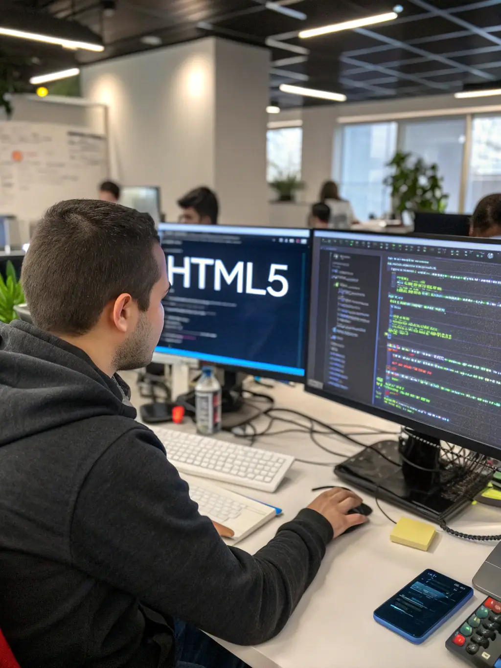 A developer working on clean, well-organized HTML code, emphasizing maintainability.