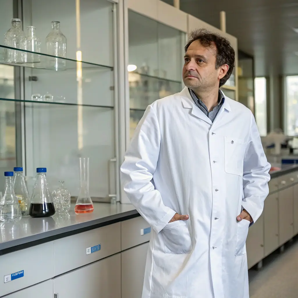 A person in a lab coat smiling and holding a test tube.