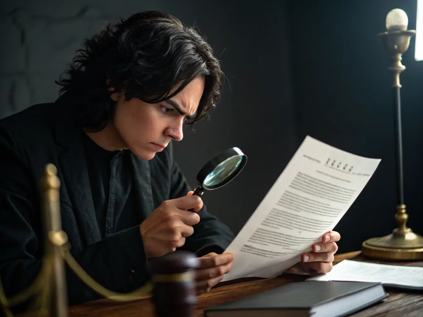 A professional examining a property record document with a magnifying glass, highlighting the attention to detail required for accurate record maintenance and compliance.