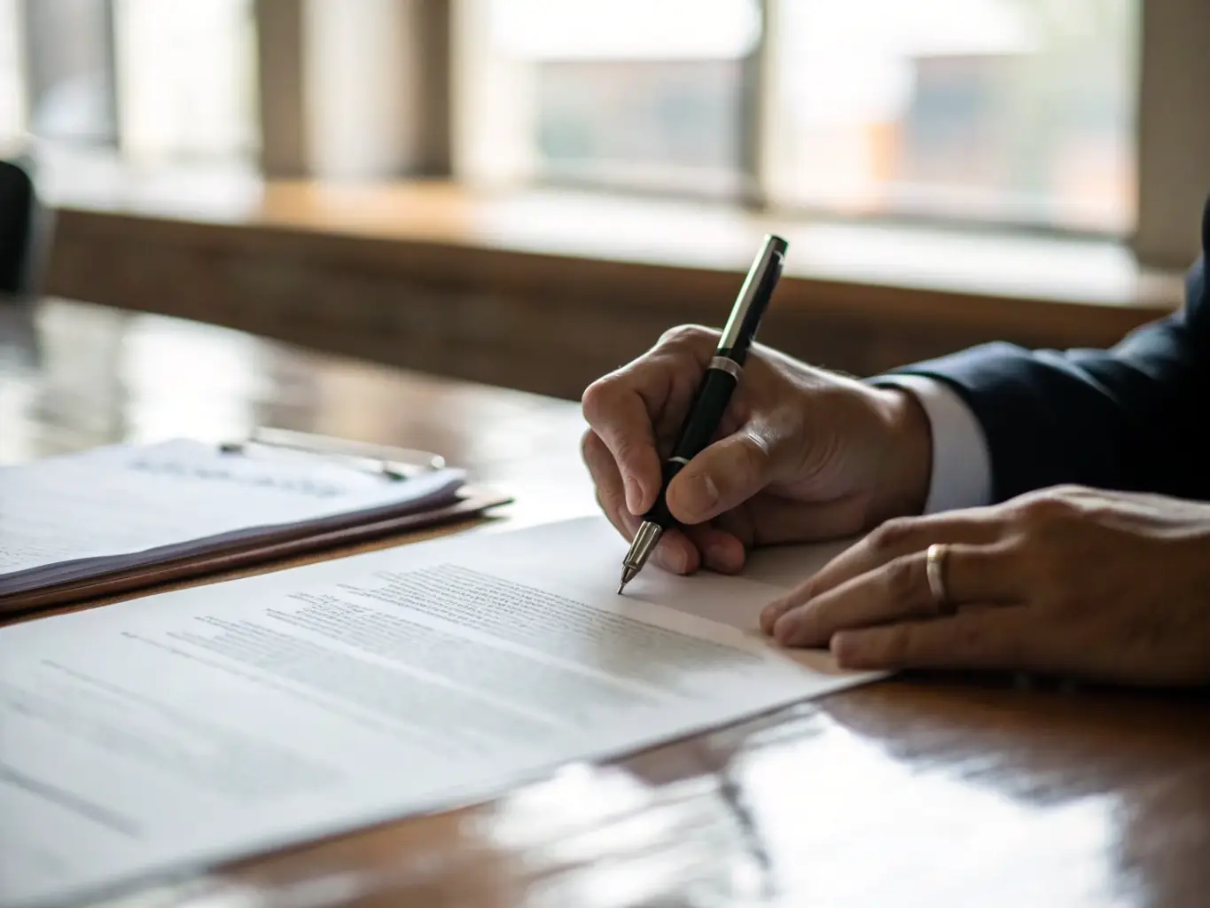 A close-up shot of a hand placing a meticulously prepared legal document onto a county recorder's desk, with the county seal subtly visible in the background, symbolizing the importance of accurate local filings.