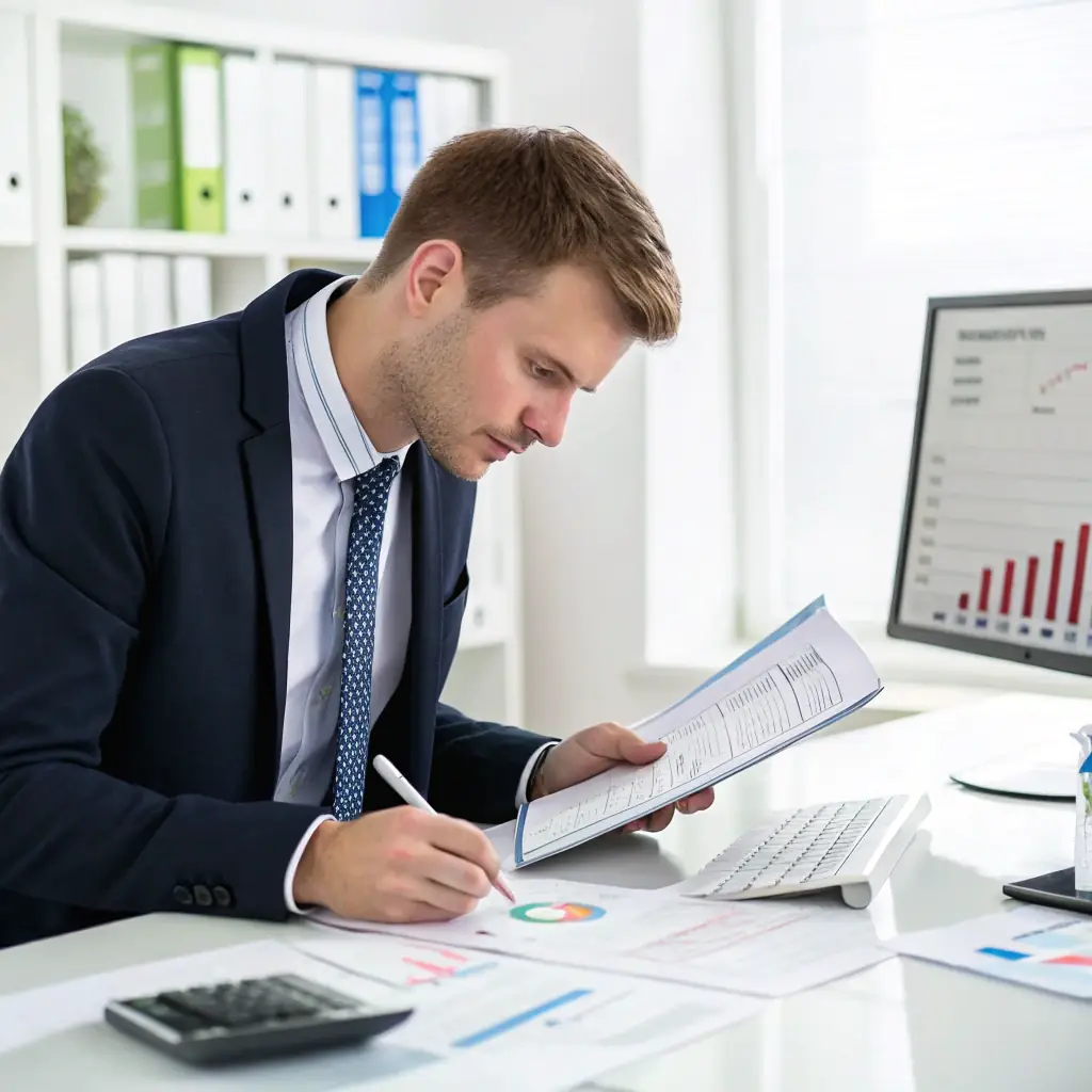 A professional accountant reviewing financial documents and providing tax advice to a client in a modern office setting. The scene should convey trust, expertise, and a focus on maximizing financial benefits.