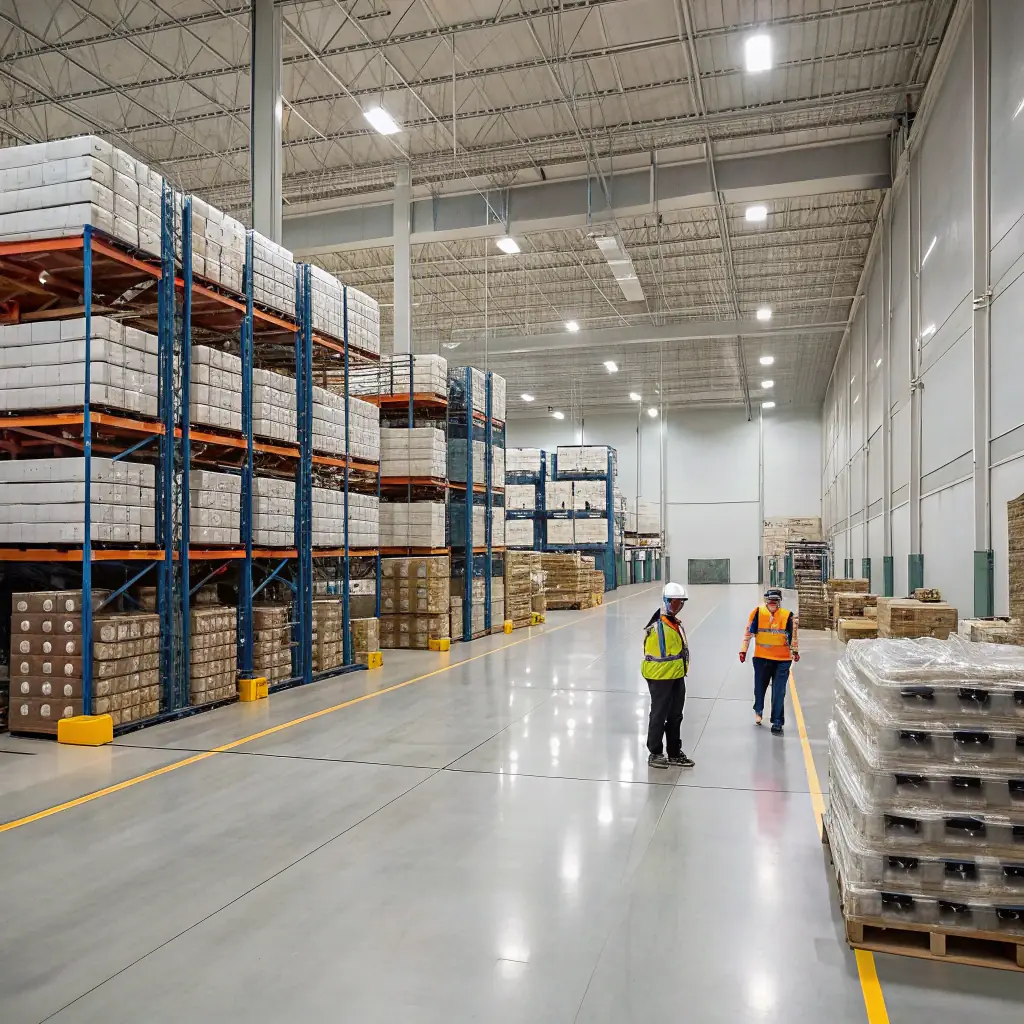 A modern warehouse with neatly stacked chemical drums and containers, a digital tablet displaying inventory data in the foreground, representing efficient and compliant chemical sourcing for industrial buyers.