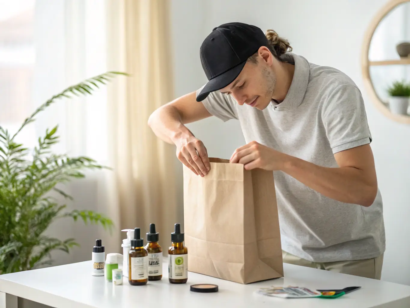 A person receiving a cannabis delivery at their doorstep in Washington, DC. The scene is modern and upscale, emphasizing convenience and discretion.