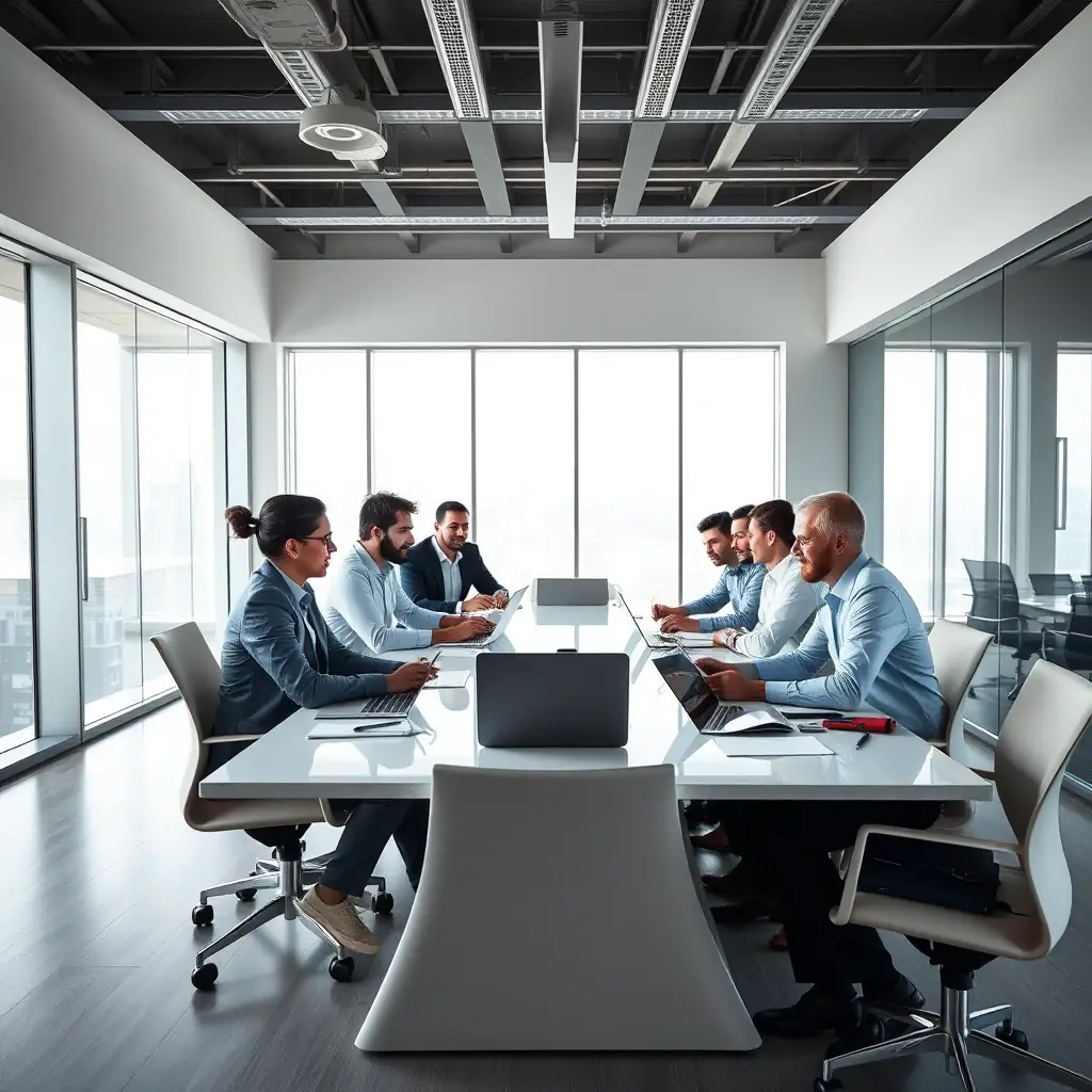 A diverse group of tech executives collaborating in a modern office setting, brainstorming and strategizing around a table, symbolizing the collaborative and leadership-driven nature of the GTM approach.