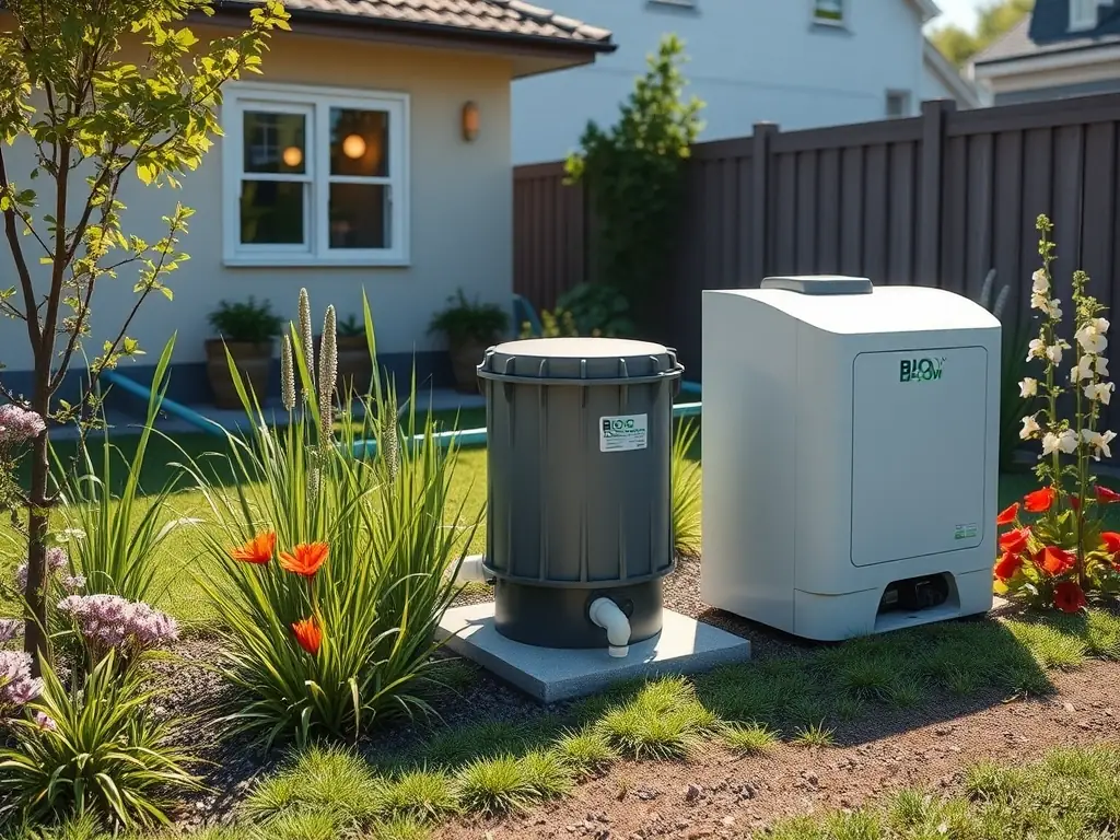 A modern mini treatment plant installed in a garden, surrounded by greenery. The image should convey cleanliness and environmental friendliness.