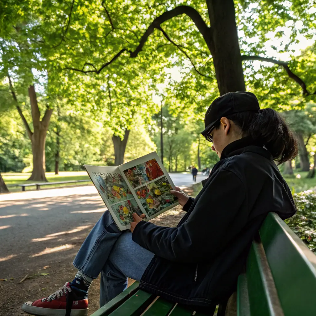 A person sitting on a bench in a park, reading a book, with sunlight filtering through the trees, creating a peaceful and reflective atmosphere. The scene should evoke a sense of escape and immersion in the story.