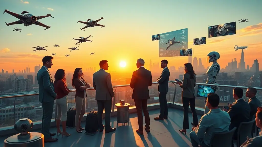A rooftop meeting at Google in Dallas, TX, featuring an X-Wing Fighter, Omegacube, R2-D2, AI robots, and sun rays, discussing AI WordPress with blimps and Meta logos in the sky. This image represents OmegaQube's innovative and forward-thinking approach to digital marketing.