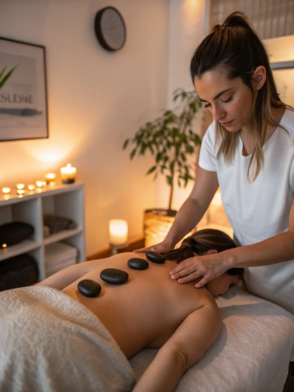 A soothing image of hot stones being placed on a client's back during a Hot Stone Massage session in a dimly lit, tranquil room at The Wellness Barn Edinburgh.