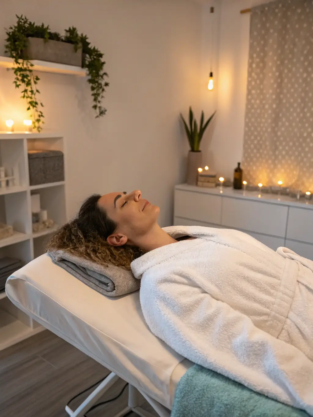 A calming image of an Indian Head Massage, showing a client relaxing in a comfortable chair while a therapist gently massages their head and shoulders at The Wellness Barn Edinburgh.