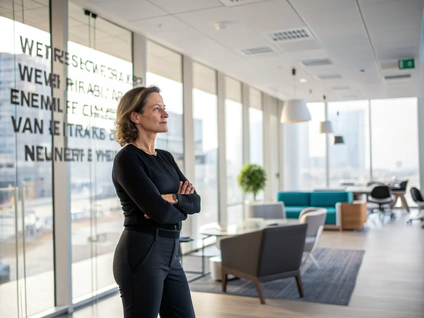 Een leider die zelfverzekerd voor een team staat, met een whiteboard vol strategische plannen op de achtergrond.