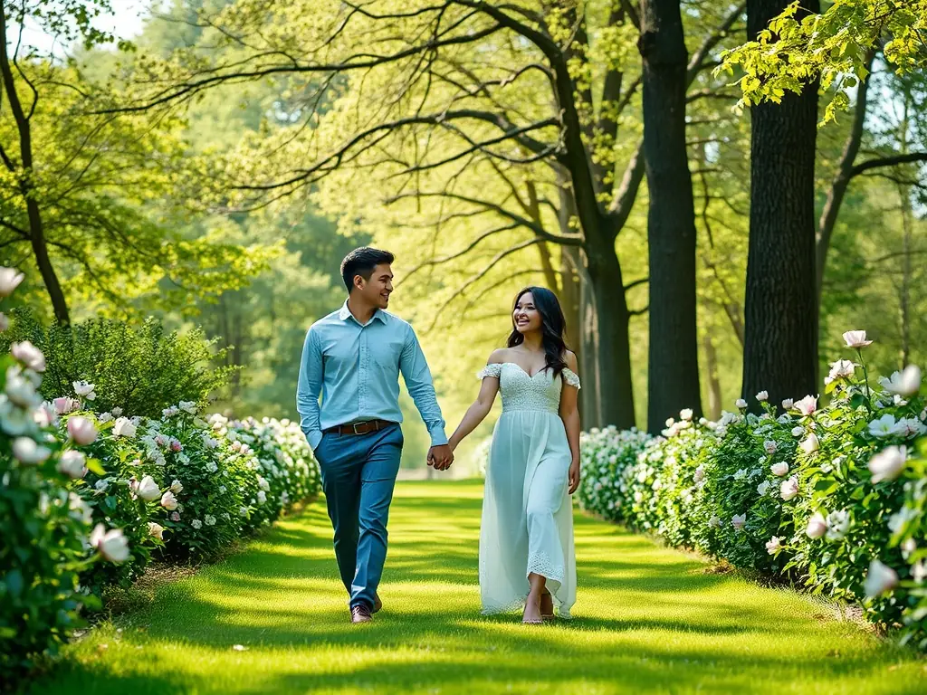 A smiling couple holding hands, with a blurred background of a city park. The image conveys trust and happiness.