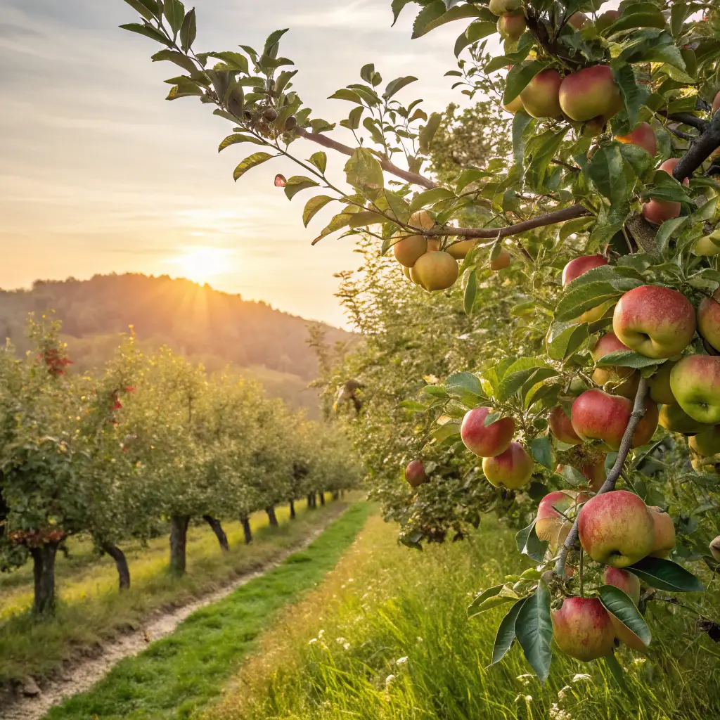 A vibrant, sun-drenched apple orchard with ripe apples ready for harvest. The image should convey a sense of natural goodness, health, and the careful selection process involved in sourcing raw materials for Deva Nutrition's baby food products. Focus on the quality and freshness of the apples.