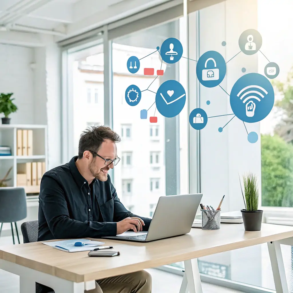 A small business owner looking overwhelmed while trying to manage various marketing tasks on their computer, conveying the feeling of being overburdened and needing expert help.