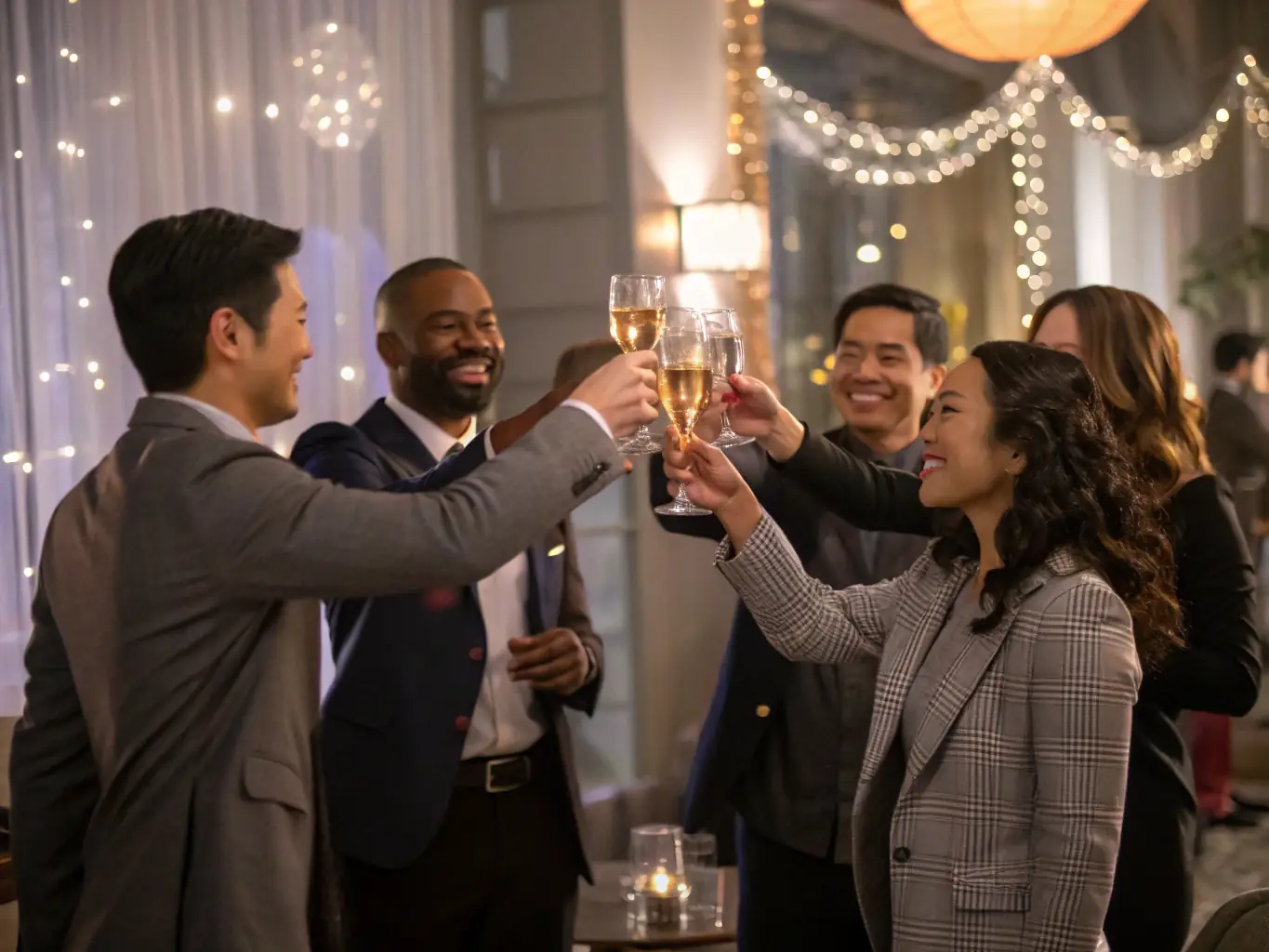 Elegant image of people toasting with wine glasses at a celebration, warm tones, premium winery aesthetics, soft animation.