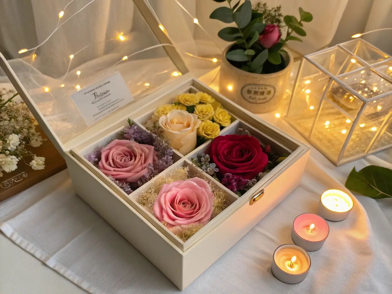 A beautifully arranged bouquet of satin flowers in a decorative box, showcasing the craftsmanship and elegance of Blooms and Boxes' forever flower arrangements. The image should convey a sense of luxury and lasting beauty, suitable for a website promoting online flower sales.