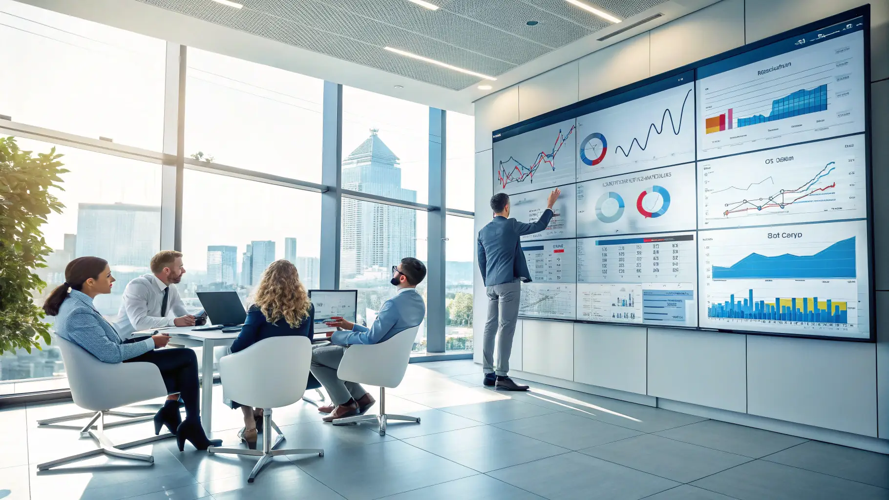 A vibrant office environment showcasing a team collaborating on CRM strategies, with charts and graphs illustrating customer data management and sales funnel optimization, representing Omegacube's commitment to enhancing client relationships.