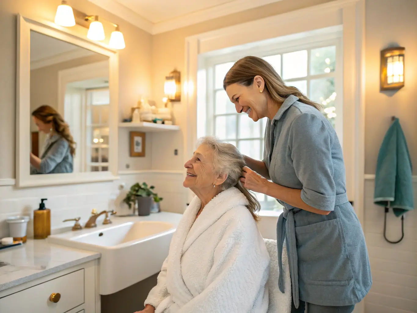 A caregiver assisting a senior with bathing in a well-lit bathroom, emphasizing the personal care aspect of IHSS services.